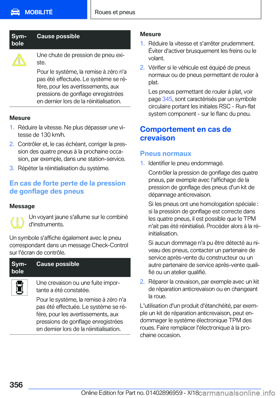 BMW 3 SERIES 2019  Notices Demploi (in French) �S�y�mj
�b�o�l�e�C�a�u�s�e��p�o�s�s�i�b�l�e�U�n�e��c�h�u�t�e��d�e��p�r�e�s�s�i�o�n��d�e��p�n�e�u��e�x�ij
�s�t�e�.
�P�o�u�r��l�e��s�y�s�t�è�m�e�,��l�a��r�e�m�i�s�e��