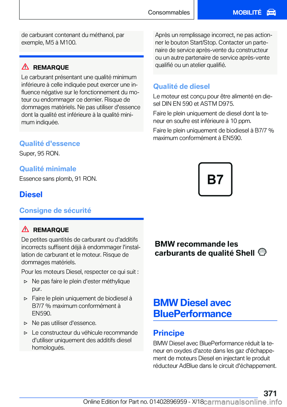 BMW 3 SERIES 2019  Notices Demploi (in French) �d�e��c�a�r�b�u�r�a�n�t��c�o�n�t�e�n�a�n�t��d�u��m�é�t�h�a�n�o�l�,��p�a�r�e�x�e�m�p�l�e�,��M�5��