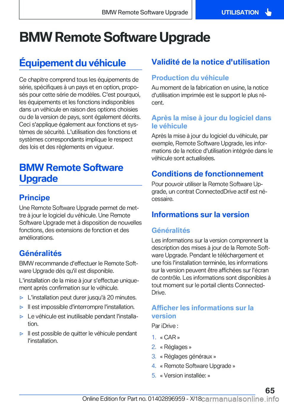 BMW 3 SERIES 2019  Notices Demploi (in French) �B�M�W��R�e�m�o�t�e��S�o�f�t�w�a�r�e��U�p�g�r�a�d�e�