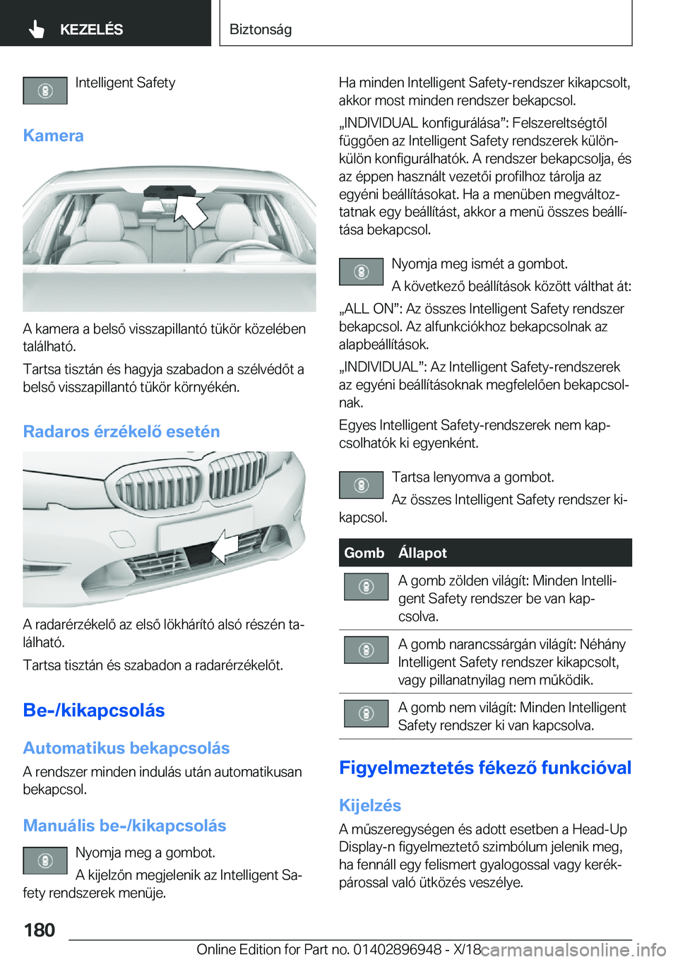 BMW 3 SERIES 2019  Kezelési útmutató (in Hungarian) �I�n�t�e�l�l�i�g�e�n�t��S�a�f�e�t�y
�K�a�m�e�r�a
�A��k�a�m�e�r�a��a��b�e�l�s�
