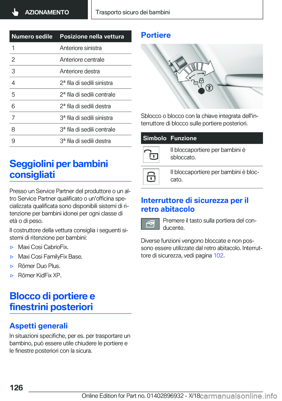 BMW 3 SERIES 2019  Libretti Di Uso E manutenzione (in Italian) �N�u�m�e�r�o��s�e�d�i�l�e�P�o�s�i�z�i�o�n�e��n�e�l�l�a��v�e�t�t�u�r�a�1�A�n�t�e�r�i�o�r�e��s�i�n�i�s�t�r�a�2�A�n�t�e�r�i�o�r�e��c�e�n�t�r�a�l�e�3�A�n�t�e�r�i�o�r�e��d�e�s�t�r�a�4�2�ª��f�i�l�a�