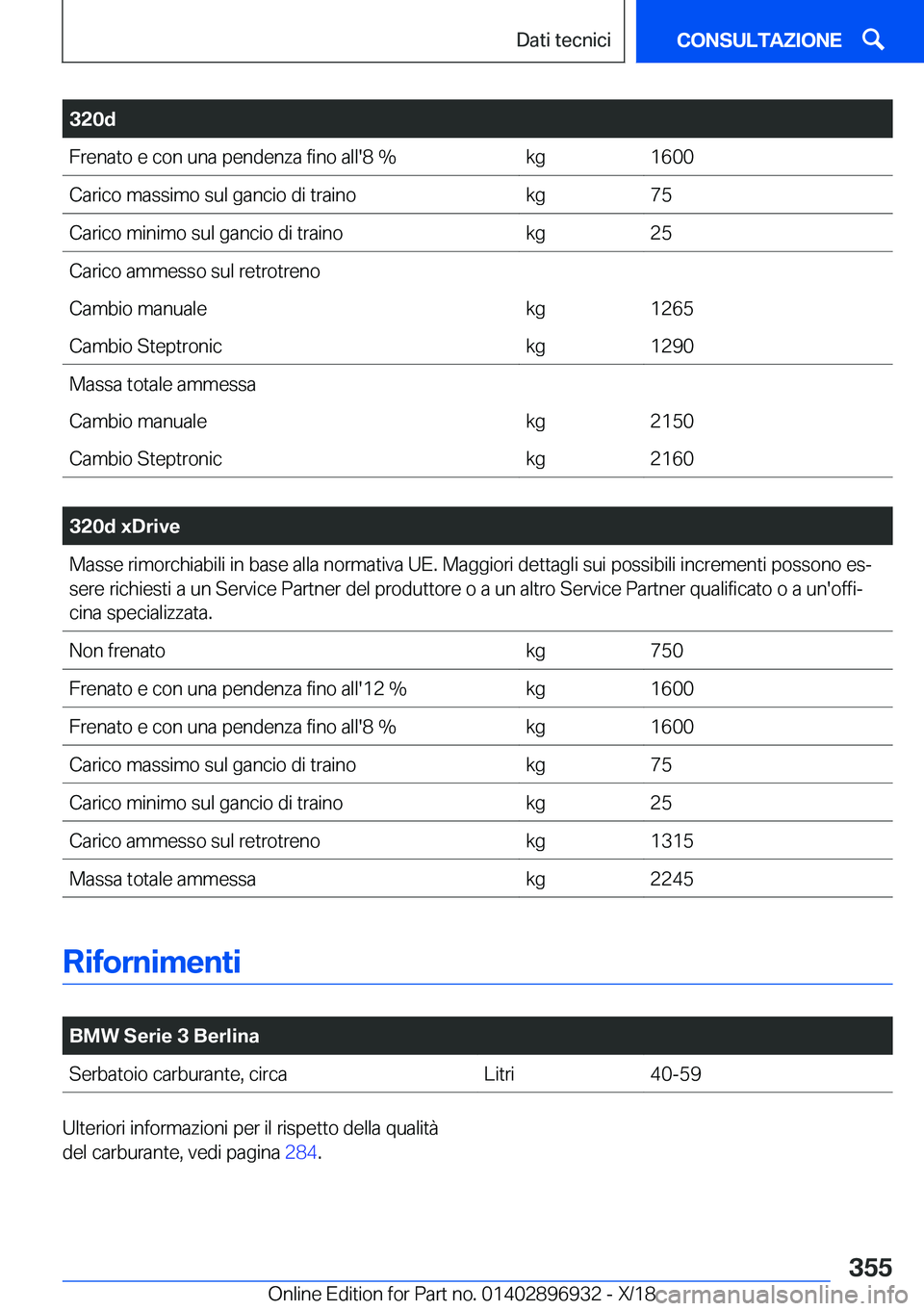 BMW 3 SERIES 2019  Libretti Di Uso E manutenzione (in Italian) �3�2�0�d�F�r�e�n�a�t�o��e��c�o�n��u�n�a��p�e�n�d�e�n�z�a��f�i�n�o��a�l�l�'�8���k�g�1�6�0�0�C�a�r�i�c�o��m�a�s�s�i�m�o��s�u�l��g�a�n�c�i�o��d�i��t�r�a�i�n�o�k�g�7�5�C�a�r�i�c�o��m�i�n