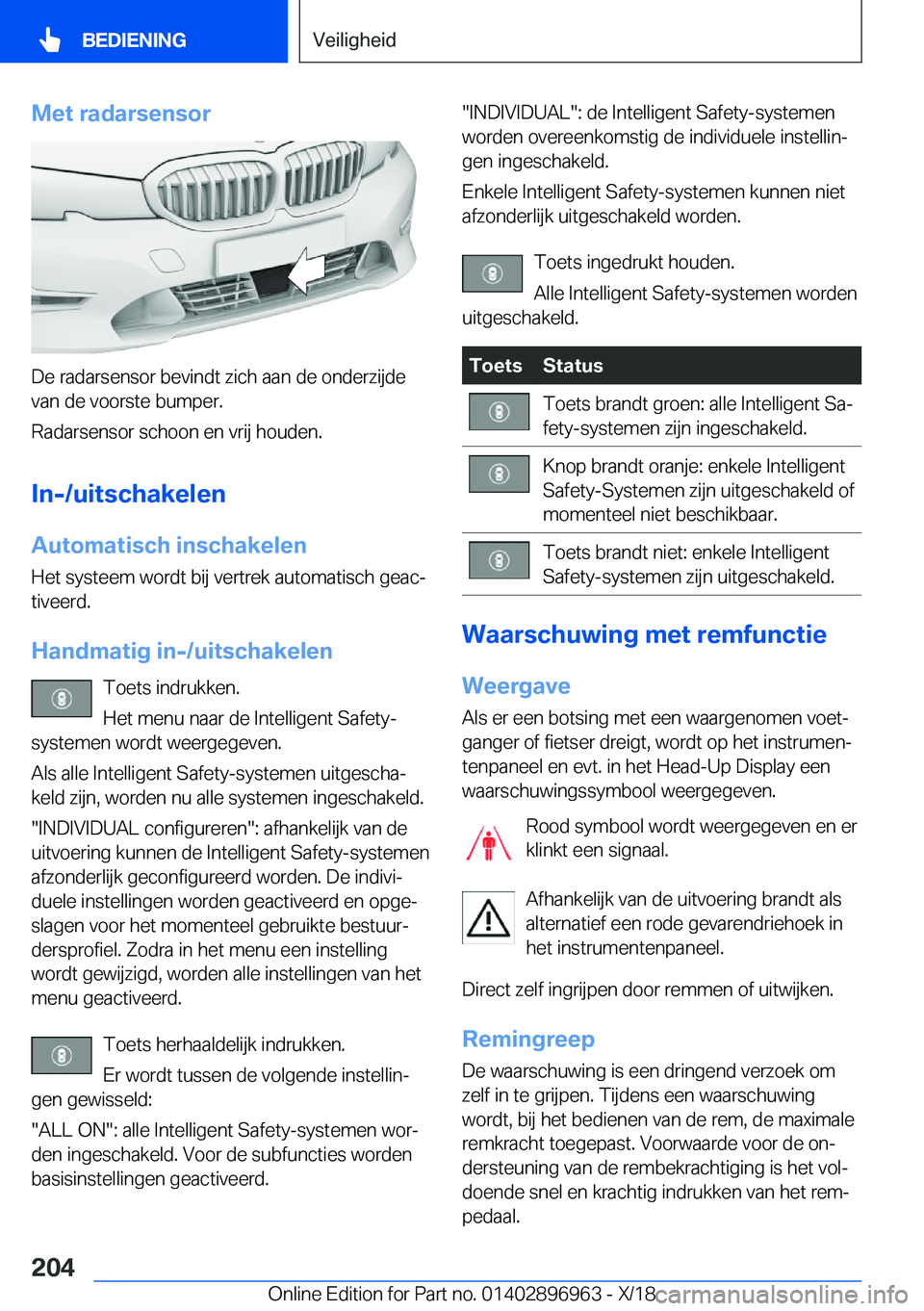 BMW 3 SERIES 2019  Instructieboekjes (in Dutch) �M�e�t��r�a�d�a�r�s�e�n�s�o�r
�D�e��r�a�d�a�r�s�e�n�s�o�r��b�e�v�i�n�d�t��z�i�c�h��a�a�n��d�e��o�n�d�e�r�z�i�j�d�e�v�a�n��d�e��v�o�o�r�s�t�e��b�u�m�p�e�r�.
�R�a�d�a�r�s�e�n�s�o�r��s�c�h�o�o