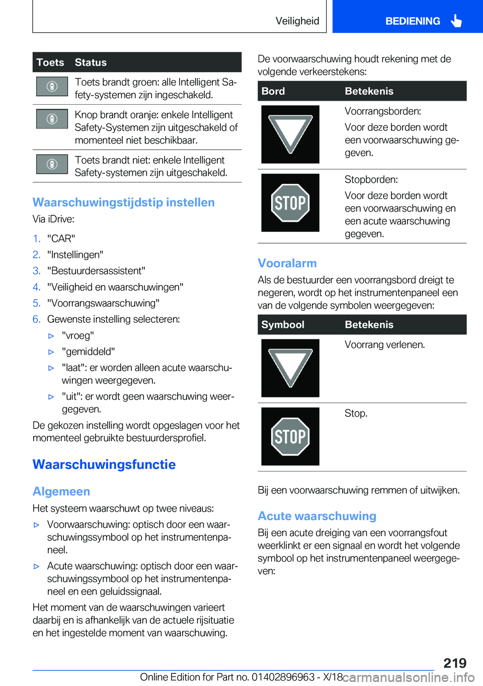 BMW 3 SERIES 2019  Instructieboekjes (in Dutch) �T�o�e�t�s�S�t�a�t�u�s�T�o�e�t�s��b�r�a�n�d�t��g�r�o�e�n�:��a�l�l�e��I�n�t�e�l�l�i�g�e�n�t��S�aj
�f�e�t�y�-�s�y�s�t�e�m�e�n��z�i�j�n��i�n�g�e�s�c�h�a�k�e�l�d�.�K�n�o�p��b�r�a�n�d�t��o�r�a�n�