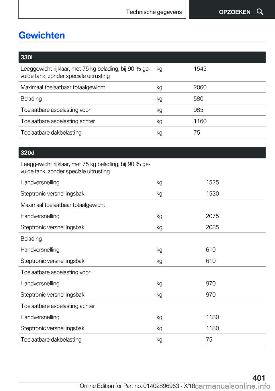 BMW 3 SERIES 2019  Instructieboekjes (in Dutch) �G�e�w�i�c�h�t�e�n
�
�3�3�0�i�L�e�e�g�g�e�w�i�c�h�t��r�i�j�k�l�a�a�r�,��m�e�t��7�5��k�g��b�e�l�a�d�i�n�g�,��b�i�j��9�0��%��g�ej�v�u�l�d�e��t�a�n�k�,��z�o�n�d�e�r��s�p�e�c�i�a�l�e��u�i�t