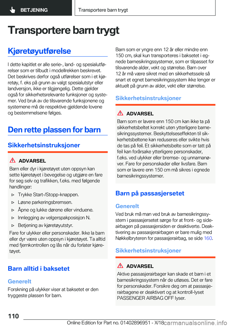 BMW 3 SERIES 2019  InstruksjonsbØker (in Norwegian) �T�r�a�n�s�p�o�r�t�e�r�e��b�a�r�n��t�r�y�g�t�K�j�