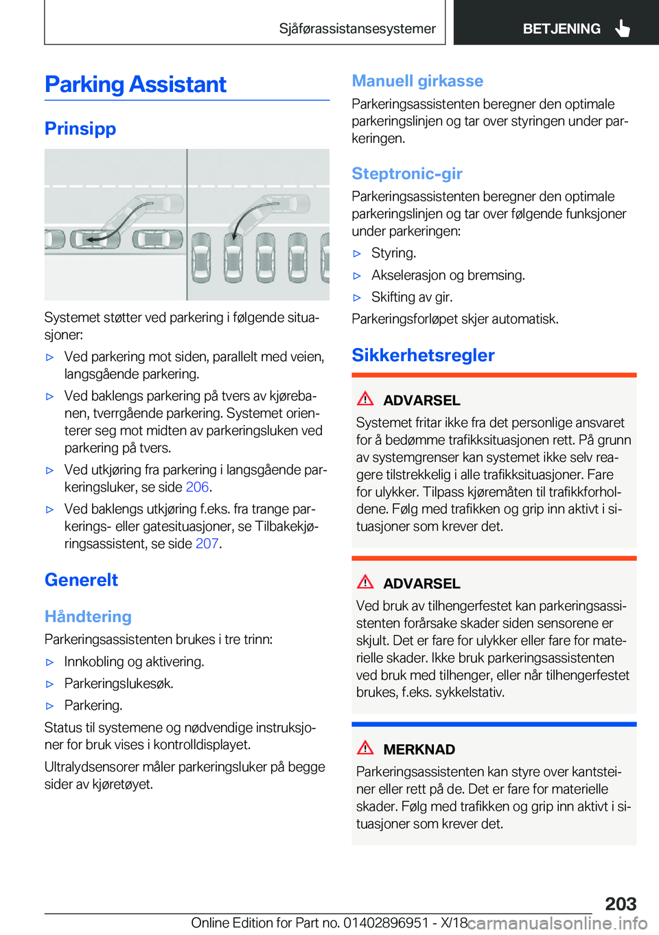BMW 3 SERIES 2019  InstruksjonsbØker (in Norwegian) �P�a�r�k�i�n�g��A�s�s�i�s�t�a�n�t
�P�r�i�n�s�i�p�p
�S�y�s�t�e�m�e�t��s�t�