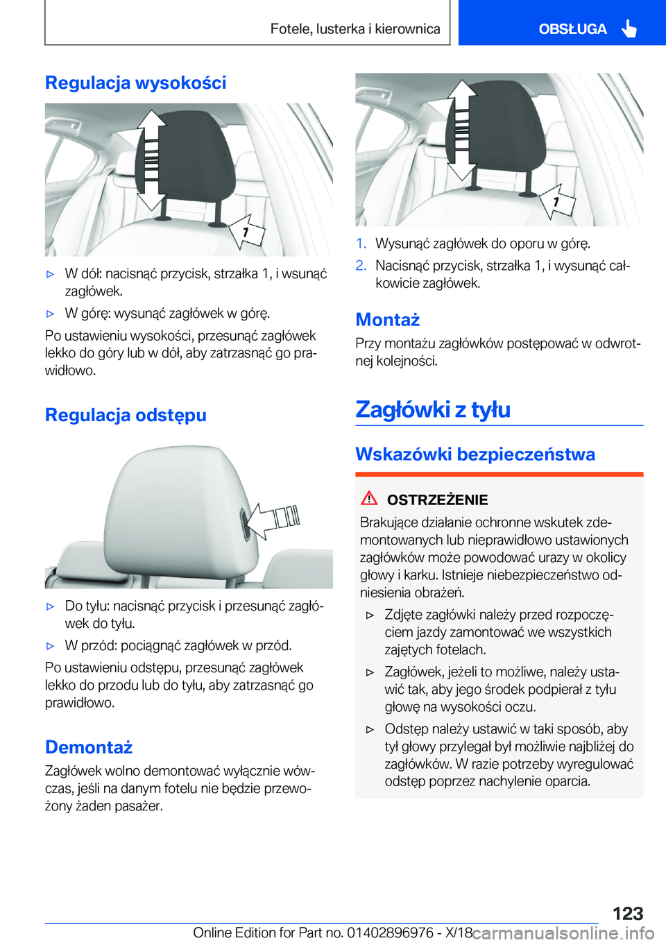 BMW 3 SERIES 2019  Instrukcja obsługi (in Polish) �R�e�g�u�l�a�c�j�a��w�y�s�o�k�o�c�i'x�W��d�