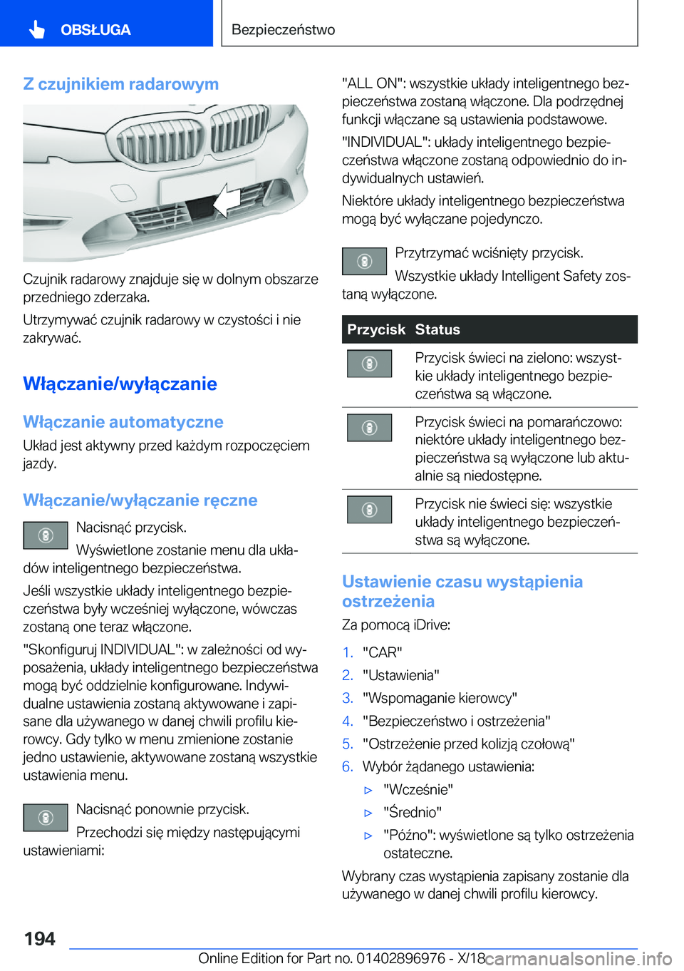 BMW 3 SERIES 2019  Instrukcja obsługi (in Polish) �Z��c�z�u�j�n�i�k�i�e�m��r�a�d�a�r�o�w�y�m
�C�z�u�j�n�i�k��r�a�d�a�r�o�w�y��z�n�a�j�d�u�j�e��s�i�