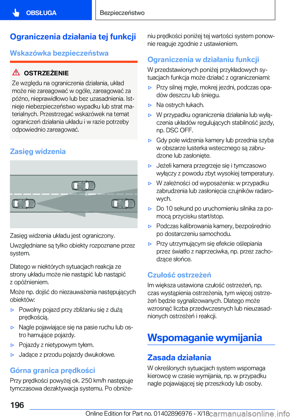 BMW 3 SERIES 2019  Instrukcja obsługi (in Polish) �O�g�r�a�n�i�c�z�e�n�i�a��d�z�i�a�ł�a�n�i�a��t�e�j��f�u�n�k�c�j�i�W�s�k�a�z�