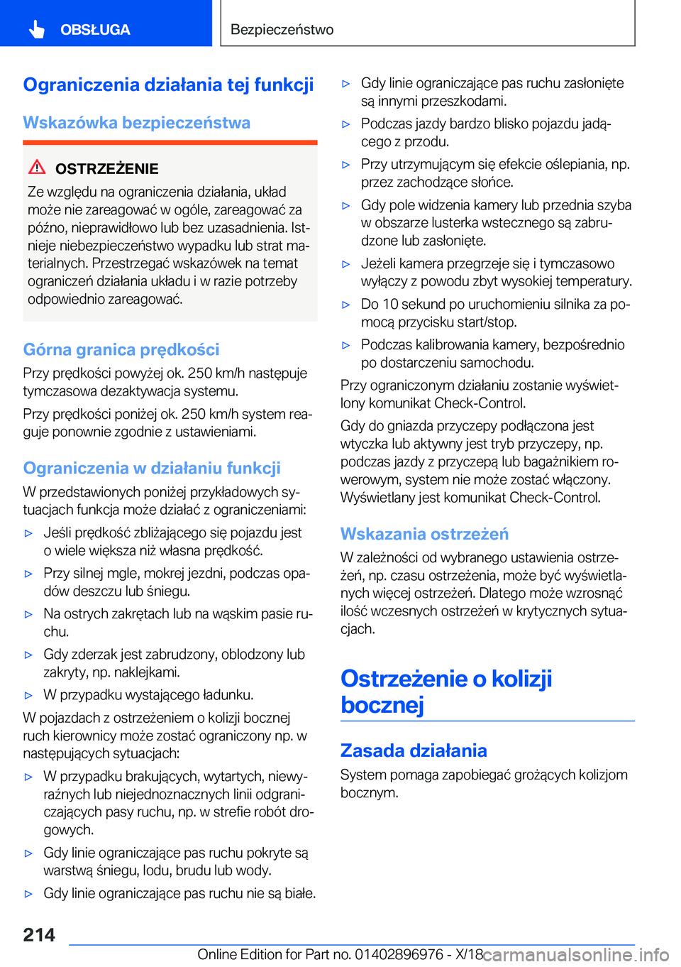 BMW 3 SERIES 2019  Instrukcja obsługi (in Polish) �O�g�r�a�n�i�c�z�e�n�i�a��d�z�i�a�ł�a�n�i�a��t�e�j��f�u�n�k�c�j�i�W�s�k�a�z�
