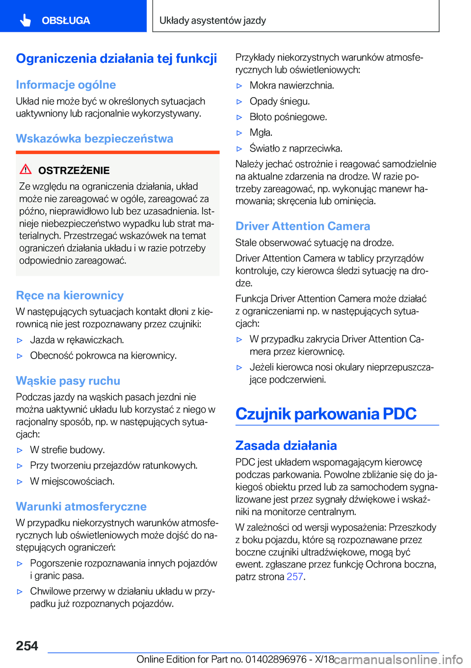 BMW 3 SERIES 2019  Instrukcja obsługi (in Polish) �O�g�r�a�n�i�c�z�e�n�i�a��d�z�i�a�ł�a�n�i�a��t�e�j��f�u�n�k�c�j�i�I�n�f�o�r�m�a�c�j�e��o�g�