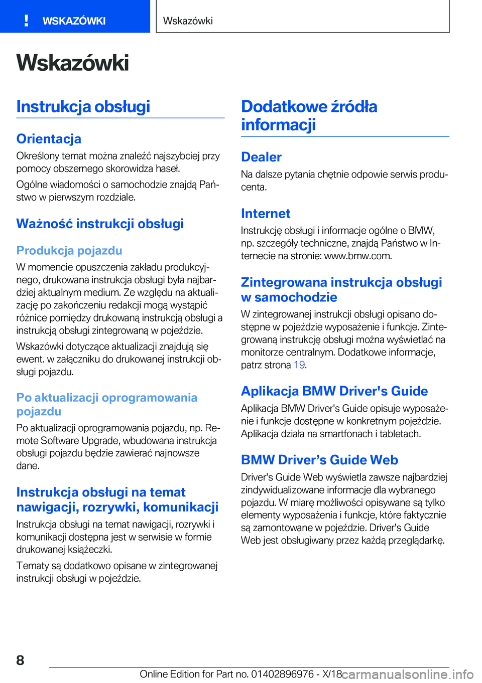 BMW 3 SERIES 2019  Instrukcja obsługi (in Polish) �W�s�k�a�z�