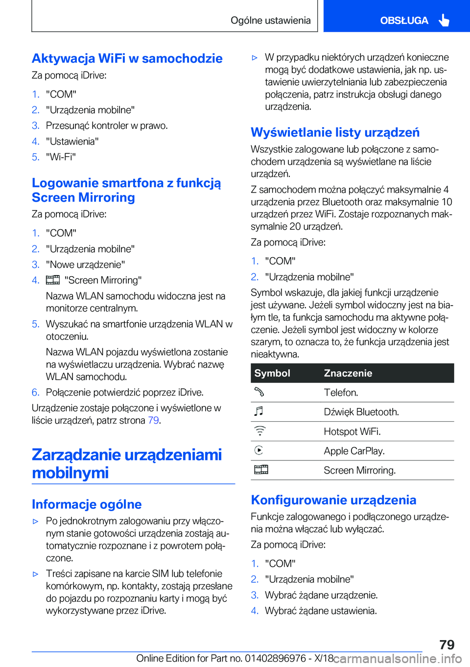 BMW 3 SERIES 2019  Instrukcja obsługi (in Polish) �A�k�t�y�w�a�c�j�a��W�i�F�i��w��s�a�m�o�c�h�o�d�z�i�e
�Z�a��p�o�m�o�c�