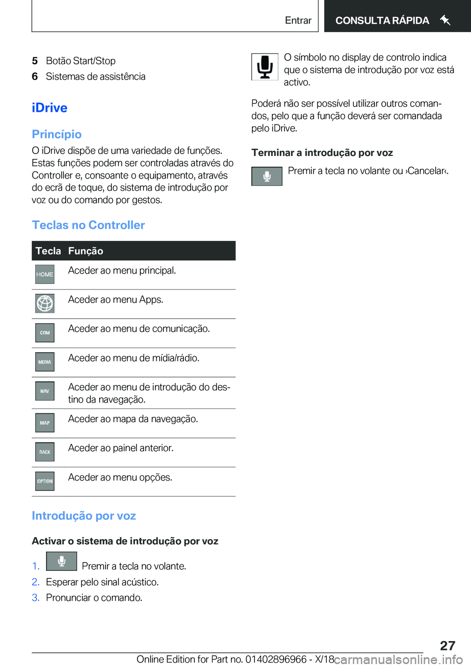 BMW 3 SERIES 2019  Manual do condutor (in Portuguese) �5�B�o�t�ã�o��S�t�a�r�t�/�S�t�o�p�6�S�i�s�t�e�m�a�s��d�e��a�s�s�i�s�t�ê�n�c�i�a
�i�D�r�i�v�e
�P�r�i�n�c�