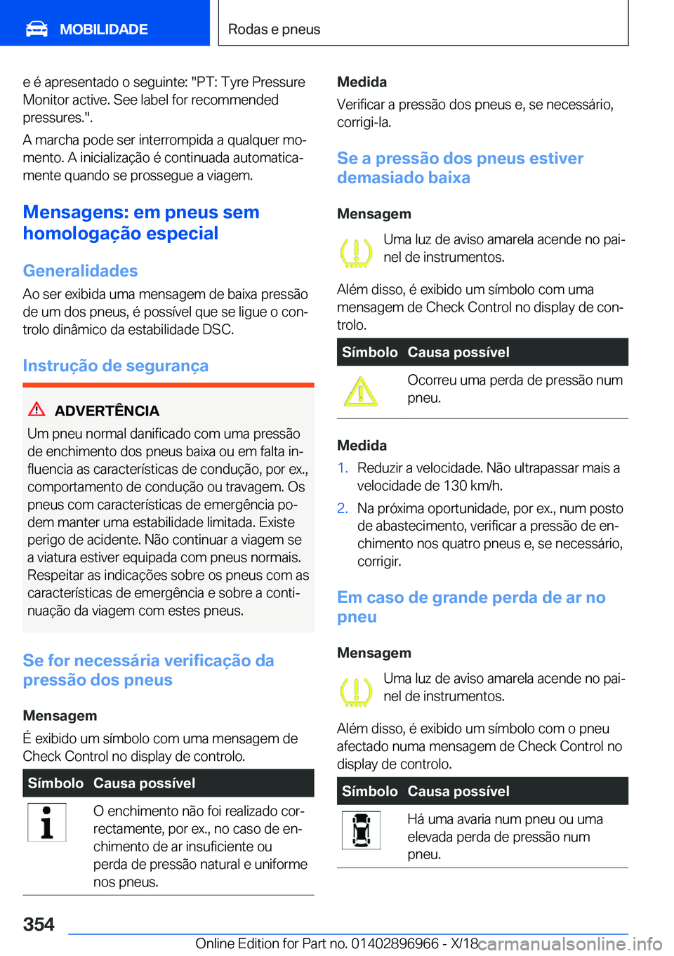 BMW 3 SERIES 2019  Manual do condutor (in Portuguese) �e��é��a�p�r�e�s�e�n�t�a�d�o��o��s�e�g�u�i�n�t�e�:���P�T�:��T�y�r�e��P�r�e�s�s�u�r�e�M�o�n�i�t�o�r��a�c�t�i�v�e�.��S�e�e��l�a�b�e�l��f�o�r��r�e�c�o�m�m�e�n�d�e�d
�p�r�e�s�s�u�r�e�s�.��.