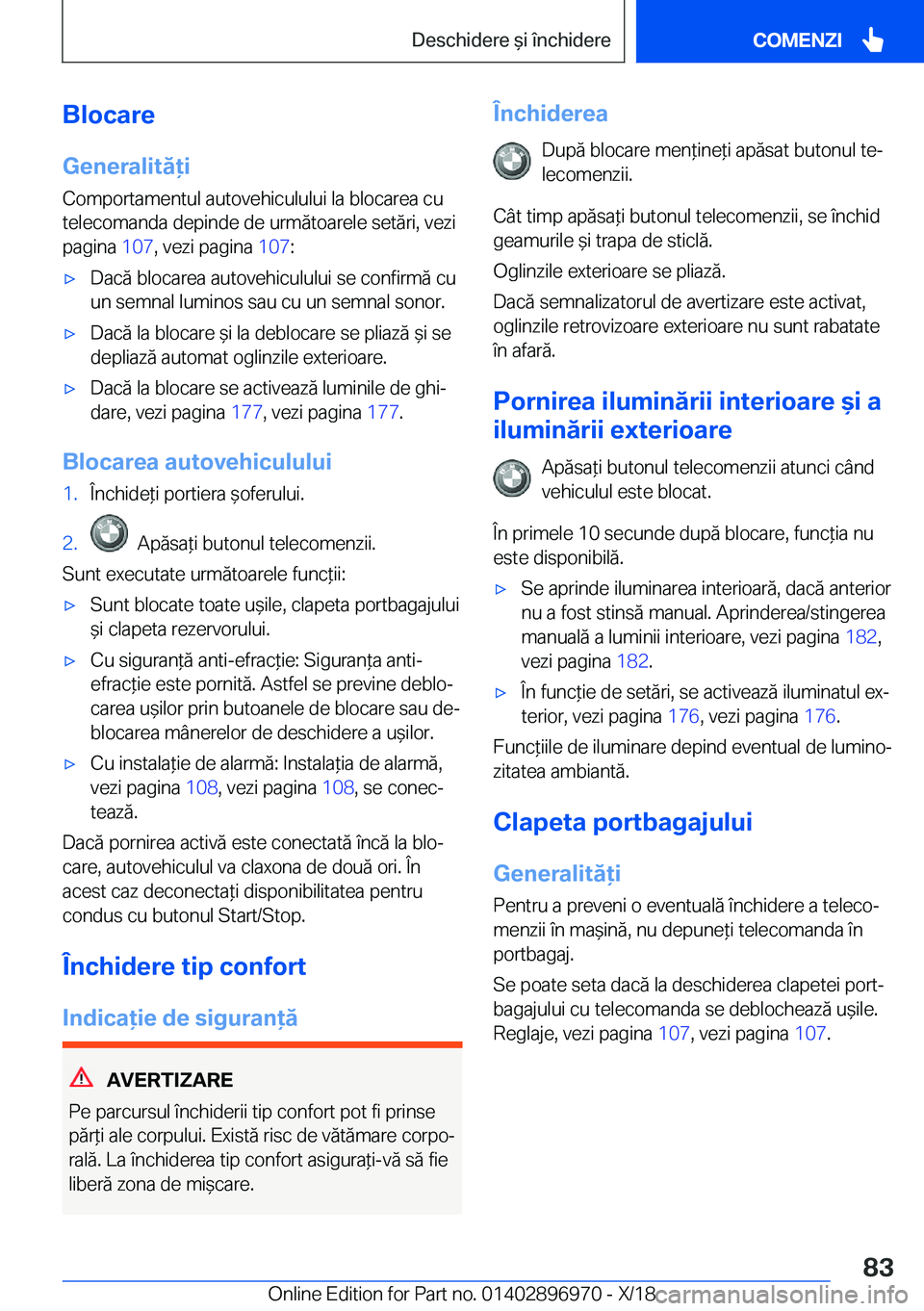 BMW 3 SERIES 2019  Ghiduri De Utilizare (in Romanian) �B�l�o�c�a�r�e�G�e�n�e�r�a�l�i�t�