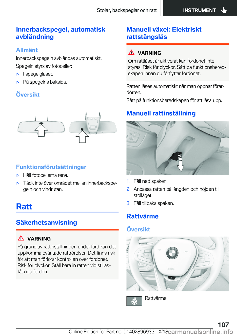 BMW 3 SERIES 2019  InstruktionsbÖcker (in Swedish) �I�n�n�e�r�b�a�c�k�s�p�e�g�e�l�,��a�u�t�o�m�a�t�i�s�k
�a�v�b�l�ä�n�d�n�i�n�g
�A�l�l�m�ä�n�t
�I�n�n�e�r�b�a�c�k�s�p�e�g�e�l�n��a�v�b�l�ä�n�d�a�s��a�u�t�o�m�a�t�i�s�k�t�.
�S�p�e�g�e�l�n��s�t�y�r�
