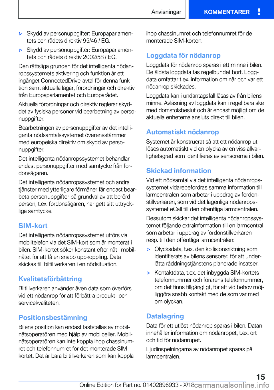 BMW 3 SERIES 2019  InstruktionsbÖcker (in Swedish) x�S�k�y�d�d��a�v��p�e�r�s�o�n�u�p�p�g�i�f�t�e�r�:��E�u�r�o�p�a�p�a�r�l�a�m�e�nj�t�e�t�s��o�c�h��r�å�d�e�t�s��d�i�r�e�k�t�i�v��9�5�/�4�6��/��E�G�.x�S�k�y�d�d��a�v��p�e�r�s�o�n�u�p�p�g�i�