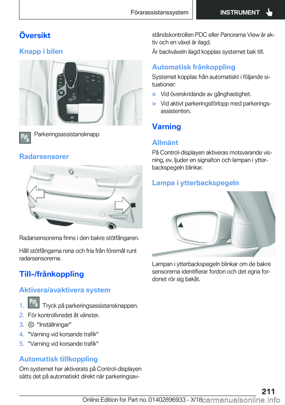 BMW 3 SERIES 2019  InstruktionsbÖcker (in Swedish) �