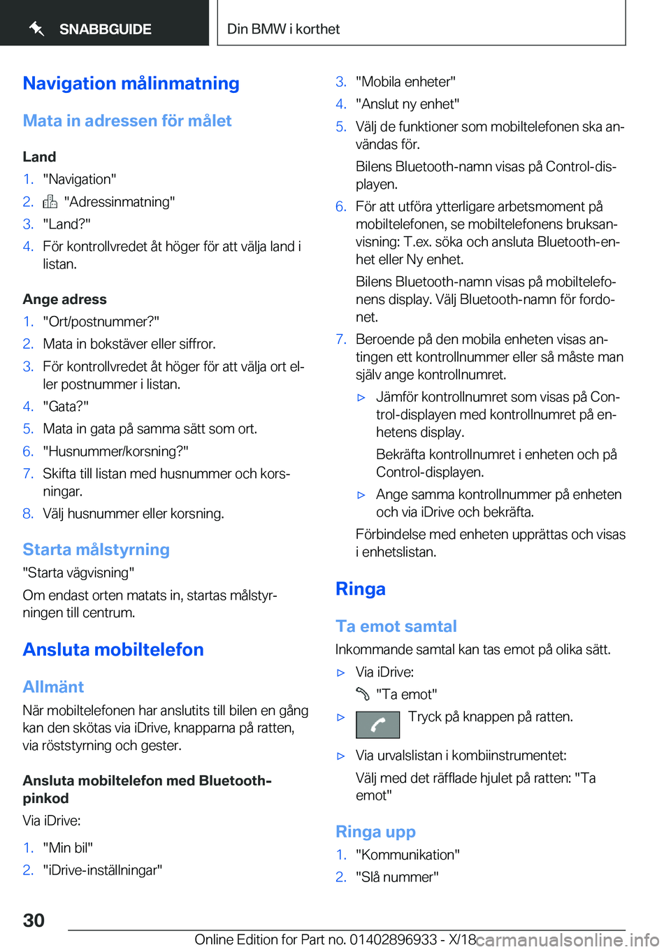 BMW 3 SERIES 2019  InstruktionsbÖcker (in Swedish) �N�a�v�i�g�a�t�i�o�n��m�å�l�i�n�m�a�t�n�i�n�g�M�a�t�a��i�n��a�d�r�e�s�s�e�n��f�