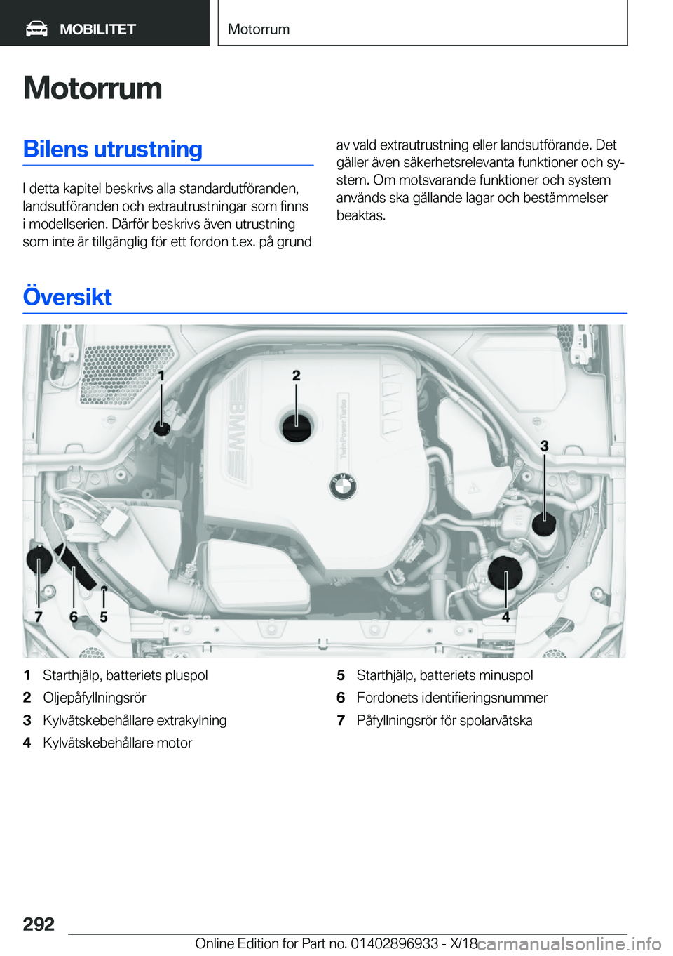 BMW 3 SERIES 2019  InstruktionsbÖcker (in Swedish) �M�o�t�o�r�r�u�m�B�i�l�e�n�s��u�t�r�u�s�t�n�i�n�g
�I��d�e�t�t�a��k�a�p�i�t�e�l��b�e�s�k�r�i�v�s��a�l�l�a��s�t�a�n�d�a�r�d�u�t�f�
