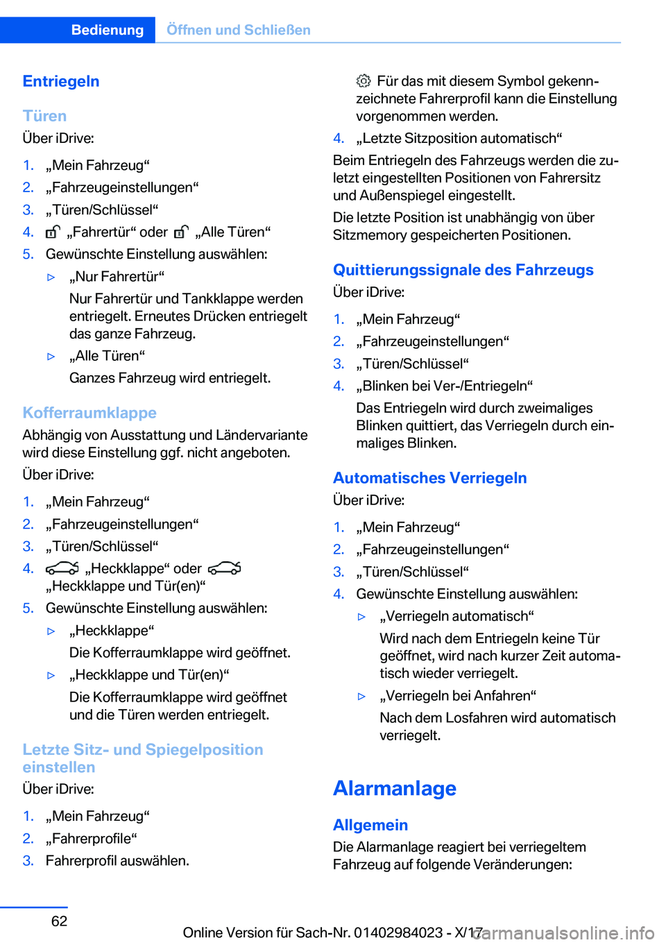 BMW 3 SERIES 2018  Betriebsanleitungen (in German) �E�n�t�r�i�e�g�e�l�n
�T�