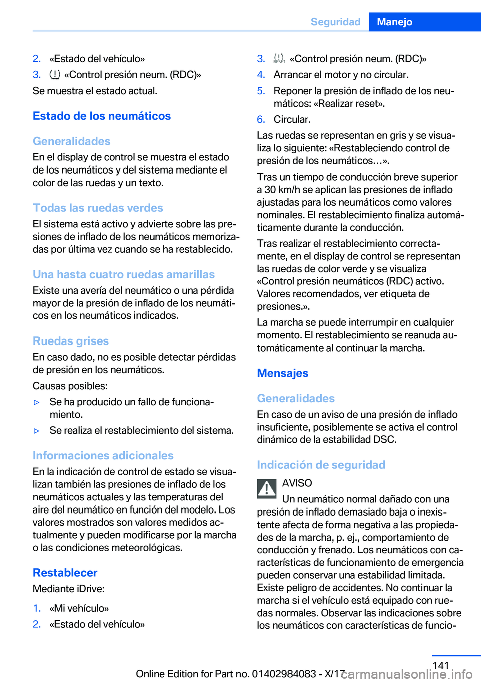 BMW 3 SERIES 2018  Manuales de Empleo (in Spanish) �2�.�«�E�s�t�a�d�o� �d�e�l� �v�e�h�