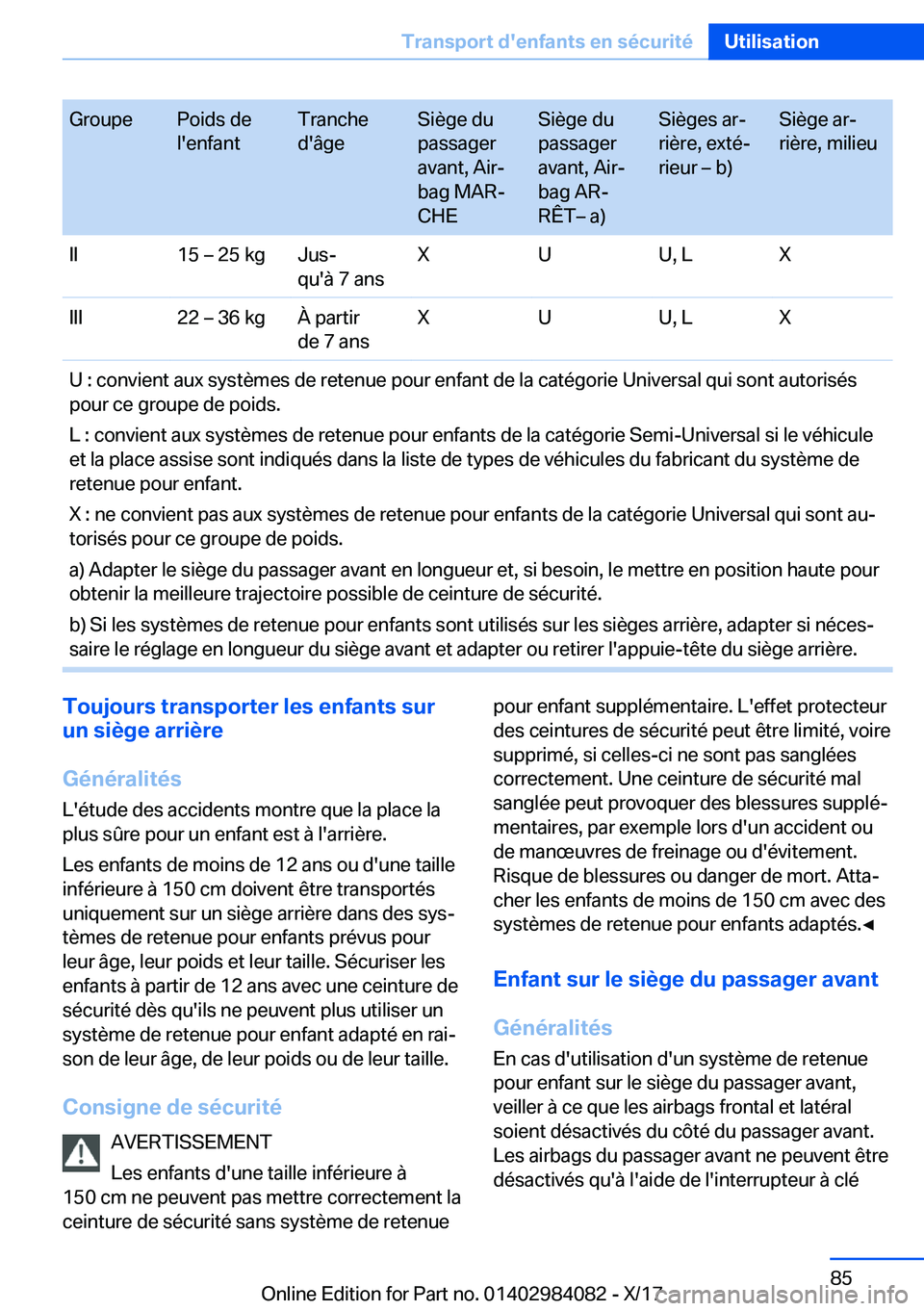 BMW 3 SERIES 2018  Notices Demploi (in French) �G�r�o�u�p�e�P�o�i�d�s� �d�e
�l�'�e�n�f�a�n�t�T�r�a�n�c�h�e
�d�'�