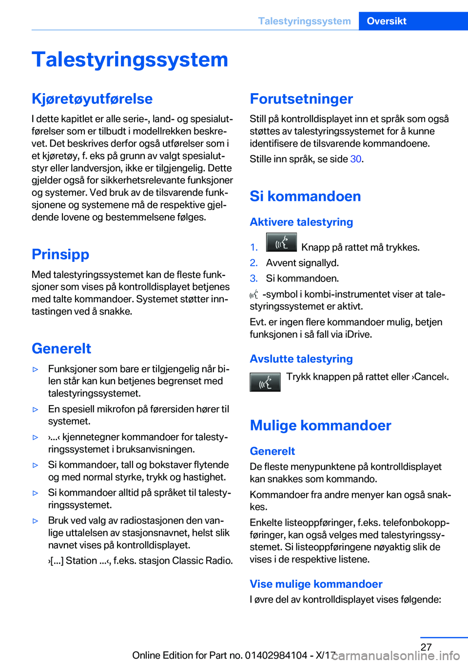 BMW 3 SERIES 2018  InstruksjonsbØker (in Norwegian) �T�a�l�e�s�t�y�r�i�n�g�s�s�y�s�t�e�m�K�j�