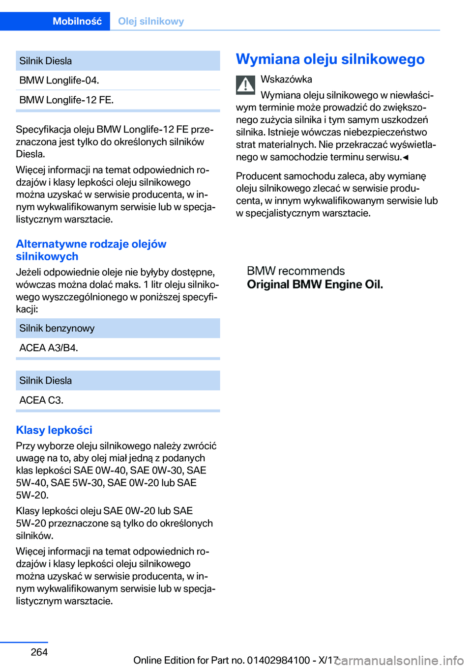 BMW 3 SERIES 2018  Instrukcja obsługi (in Polish) �S�i�l�n�i�k� �D�i�e�s�l�a�B�M�W� �L�o�n�g�l�i�f�e�-�0�4�.�B�M�W� �L�o�n�g�l�i�f�e�-�1�2� �F�E�.
�S�p�e�c�y�f�i�k�a�c�j�a� �o�l�e�j�u� �B�M�W� �L�o�n�g�l�i�f�e�-�1�2� �F�E� �p�r�z�ej�z�n�a�c�z�o�n�a�