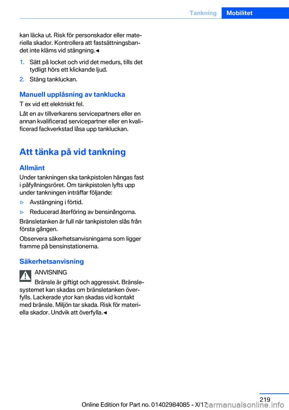 BMW 3 SERIES 2018  InstruktionsbÖcker (in Swedish) �k�a�n� �l�ä�c�k�a� �u�t�.� �R�i�s�k� �f�