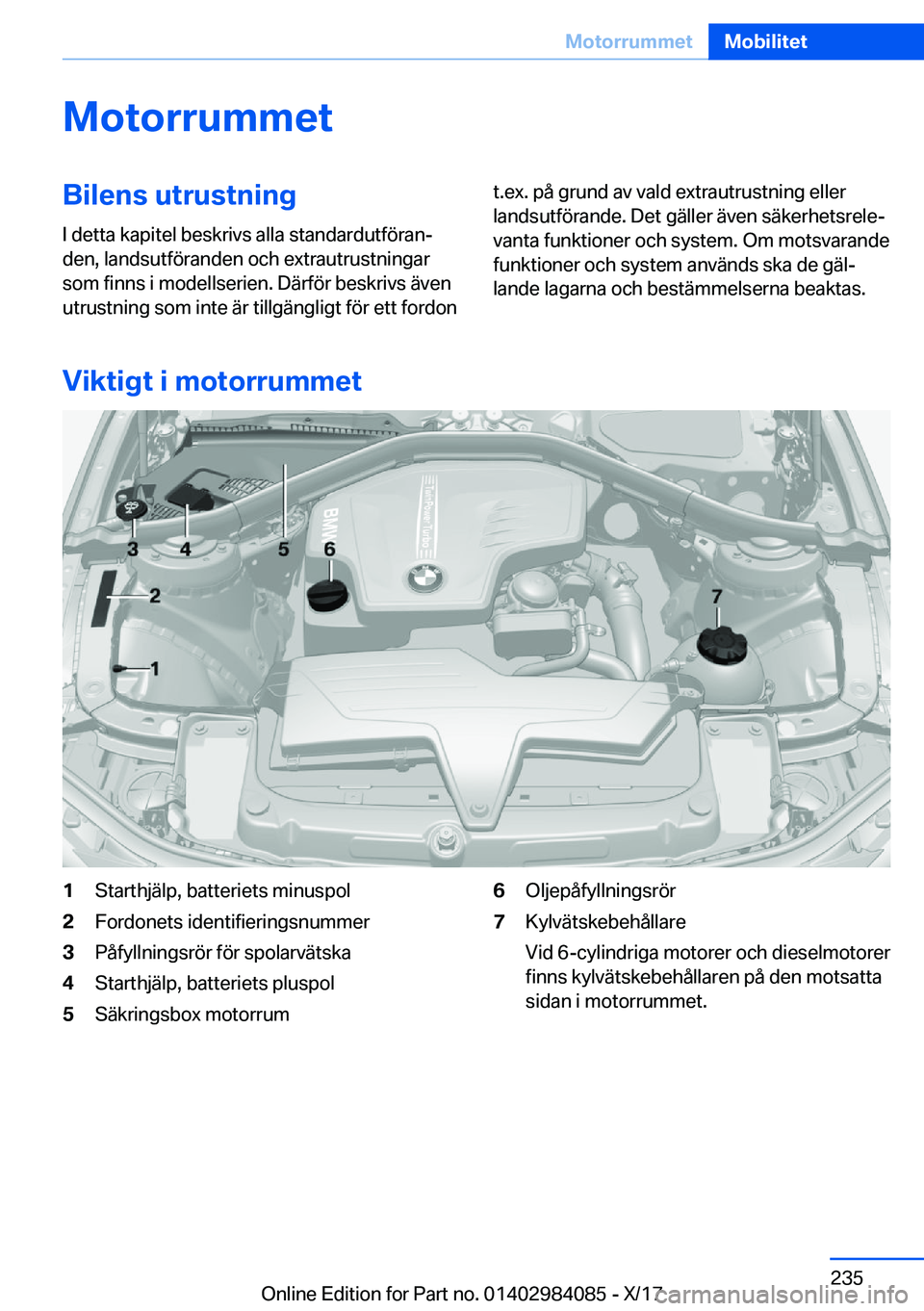 BMW 3 SERIES 2018  InstruktionsbÖcker (in Swedish) �M�o�t�o�r�r�u�m�m�e�t�B�i�l�e�n�s��u�t�r�u�s�t�n�i�n�g
�I� �d�e�t�t�a� �k�a�p�i�t�e�l� �b�e�s�k�r�i�v�s� �a�l�l�a� �s�t�a�n�d�a�r�d�u�t�f�