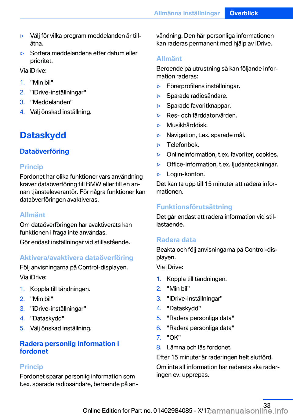 BMW 3 SERIES 2018  InstruktionsbÖcker (in Swedish) y�V�ä�l�j� �f�