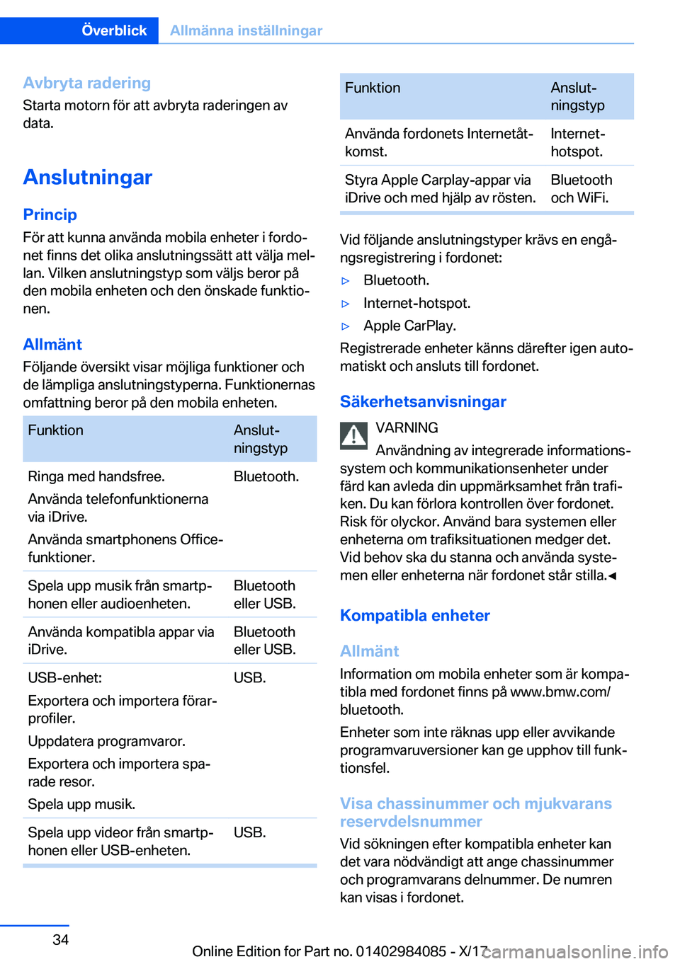 BMW 3 SERIES 2018  InstruktionsbÖcker (in Swedish) �A�v�b�r�y�t�a��r�a�d�e�r�i�n�g
�S�t�a�r�t�a� �m�o�t�o�r�n� �f�