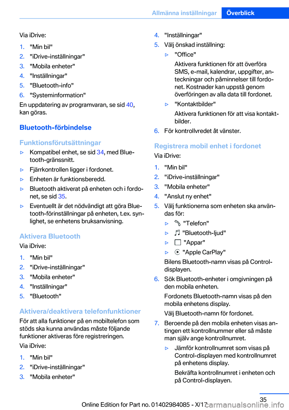 BMW 3 SERIES 2018  InstruktionsbÖcker (in Swedish) �V�i�a� �i�D�r�i�v�e�:�1�.�"�M�i�n� �b�i�l�"�2�.�"�i�D�r�i�v�e�-�i�n�s�t�ä�l�l�n�i�n�g�a�r�"�3�.�"�M�o�b�i�l�a� �e�n�h�e�t�e�r�"�4�.�"�I�n�s�t�ä�l�l�n�i�n�g�a�r�"�5�.