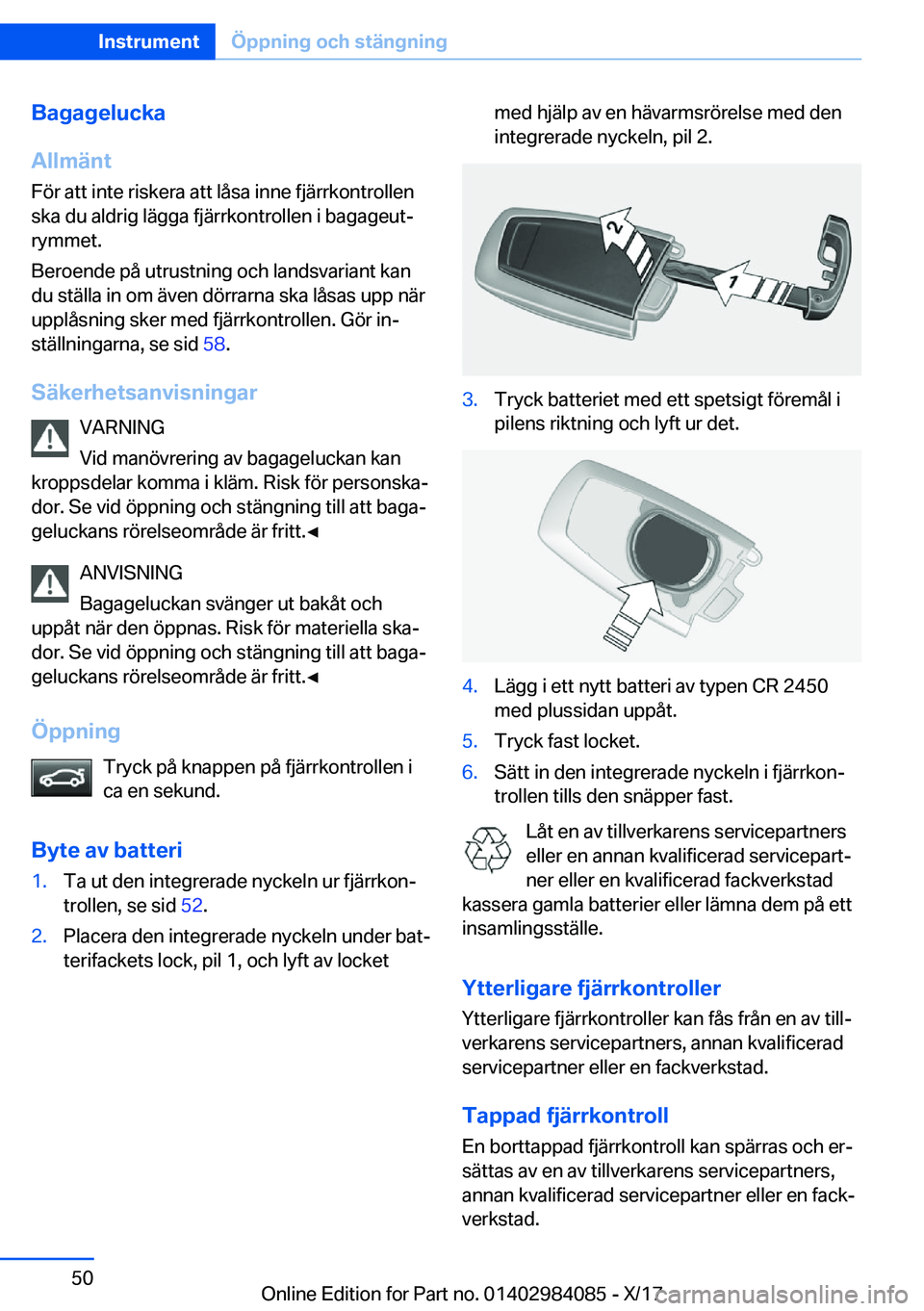 BMW 3 SERIES 2018  InstruktionsbÖcker (in Swedish) �B�a�g�a�g�e�l�u�c�k�a
�A�l�l�m�ä�n�t
�F�