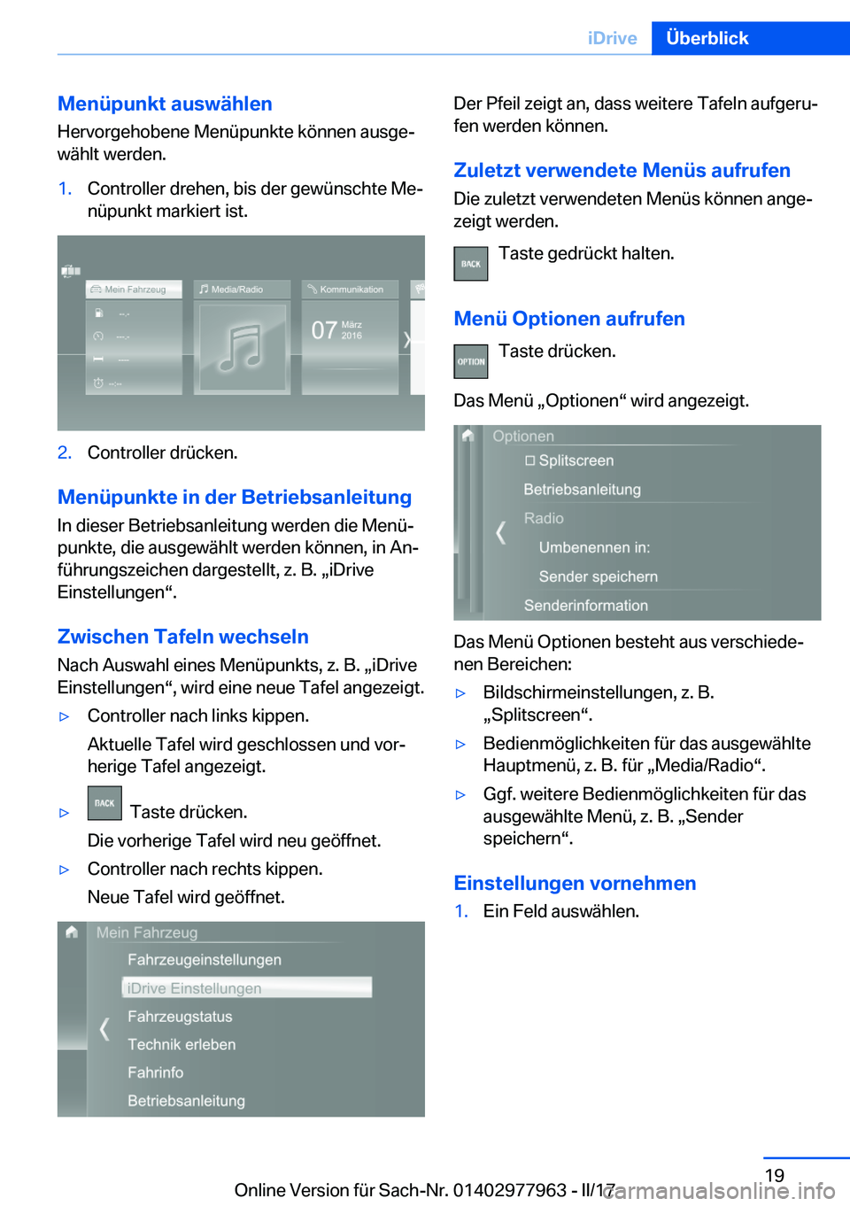 BMW 3 SERIES 2017  Betriebsanleitungen (in German) �M�e�n�