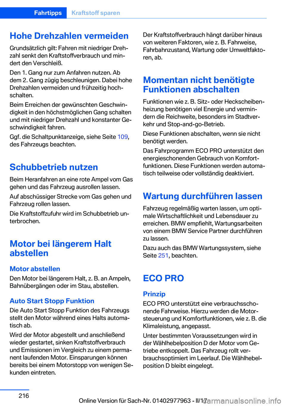 BMW 3 SERIES 2017  Betriebsanleitungen (in German) �H�o�h�e��D�r�e�h�z�a�h�l�e�n��v�e�r�m�e�i�d�e�n�G�r�u�n�d�s�