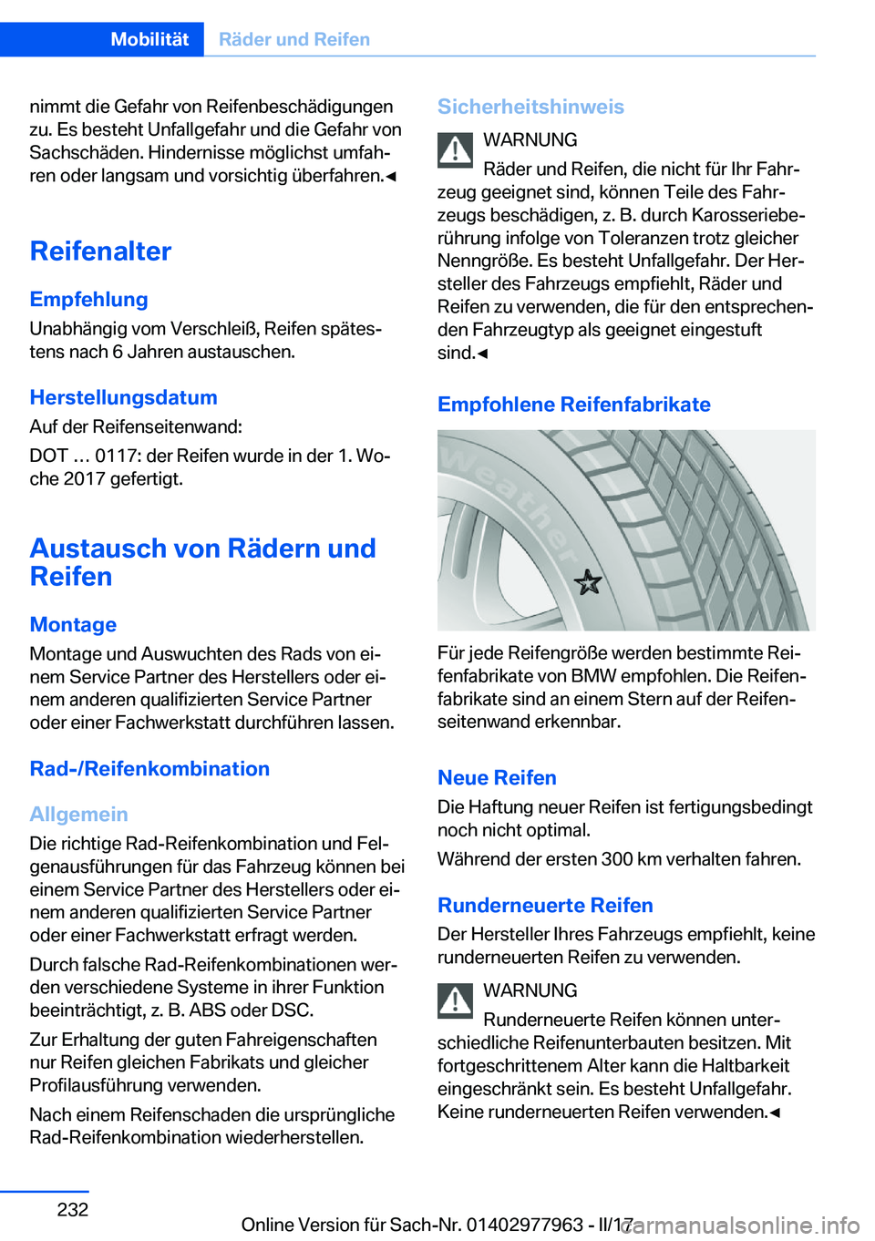 BMW 3 SERIES 2017  Betriebsanleitungen (in German) �n�i�m�m�t� �d�i�e� �G�e�f�a�h�r� �v�o�n� �R�e�i�f�e�n�b�e�s�c�h�