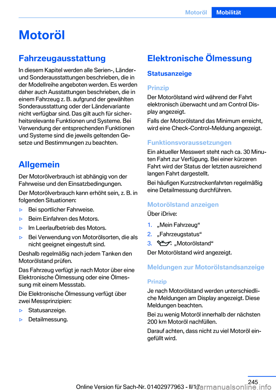 BMW 3 SERIES 2017  Betriebsanleitungen (in German) �M�o�t�o�r�