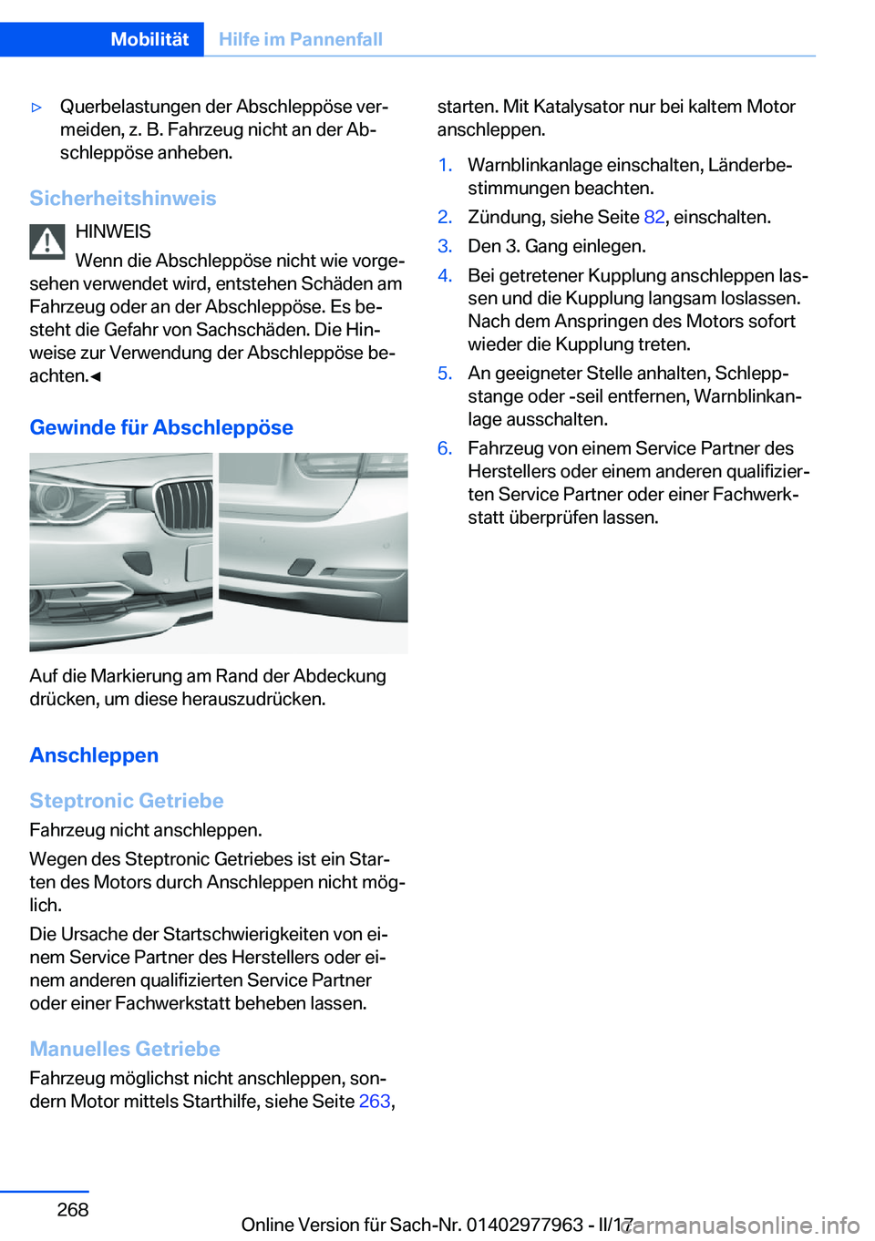 BMW 3 SERIES 2017  Betriebsanleitungen (in German) y�Q�u�e�r�b�e�l�a�s�t�u�n�g�e�n� �d�e�r� �A�b�s�c�h�l�e�p�p�
