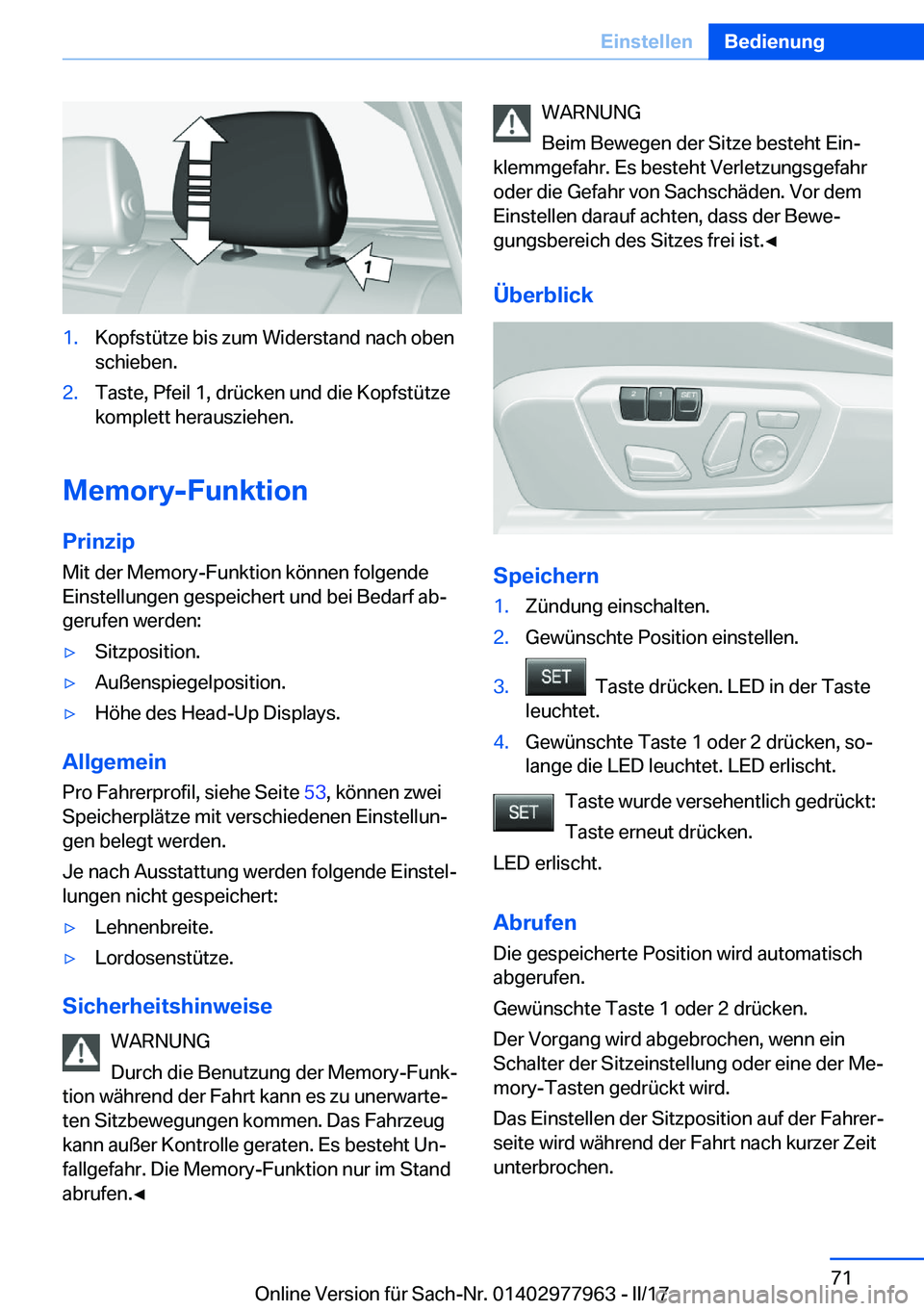 BMW 3 SERIES 2017  Betriebsanleitungen (in German) �1�.�K�o�p�f�s�t�