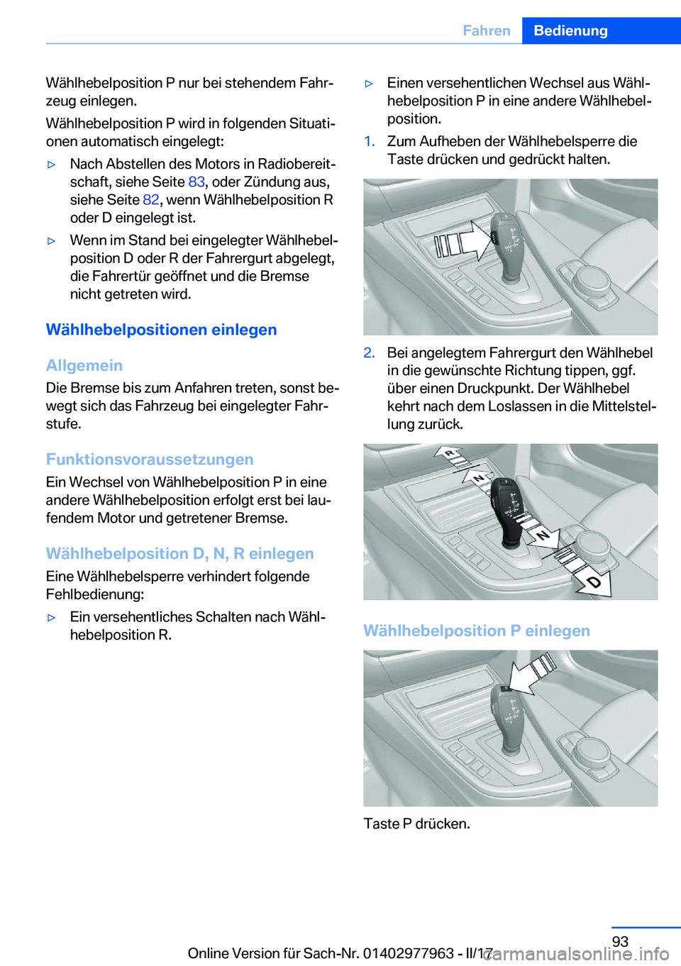 BMW 3 SERIES 2017  Betriebsanleitungen (in German) �W�