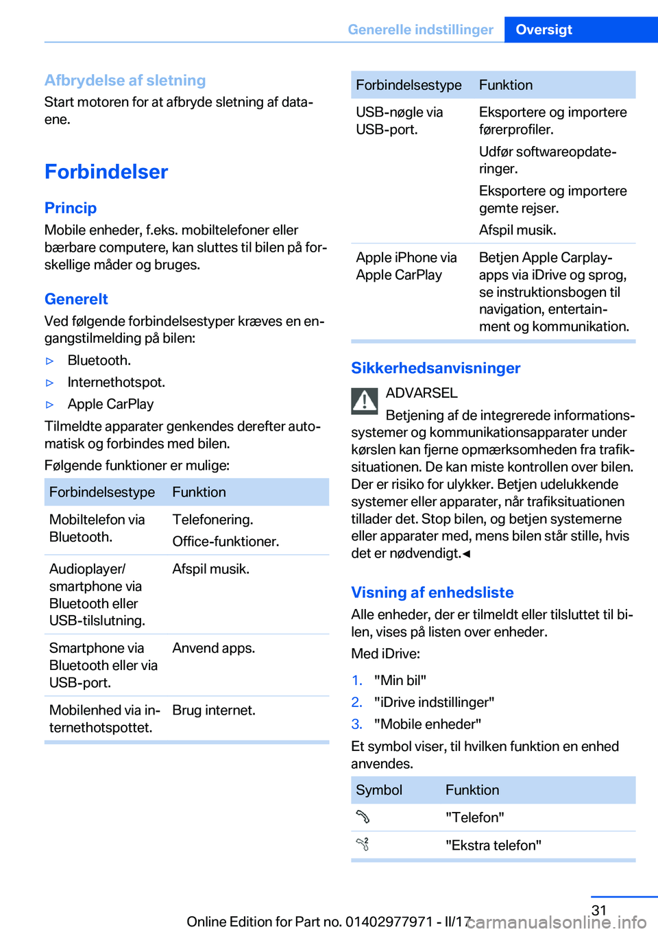 BMW 3 SERIES 2017  InstruktionsbØger (in Danish) �A�f�b�r�y�d�e�l�s�e��a�f��s�l�e�t�n�i�n�g
�S�t�a�r�t� �m�o�t�o�r�e�n� �f�o�r� �a�t� �a�f�b�r�y�d�e� �s�l�e�t�n�i�n�g� �a�f� �d�a�t�aj
�e�n�e�.
�F�o�r�b�i�n�d�e�l�s�e�r
�P�r�i�n�c�i�p �M�o�b�i�l�e�