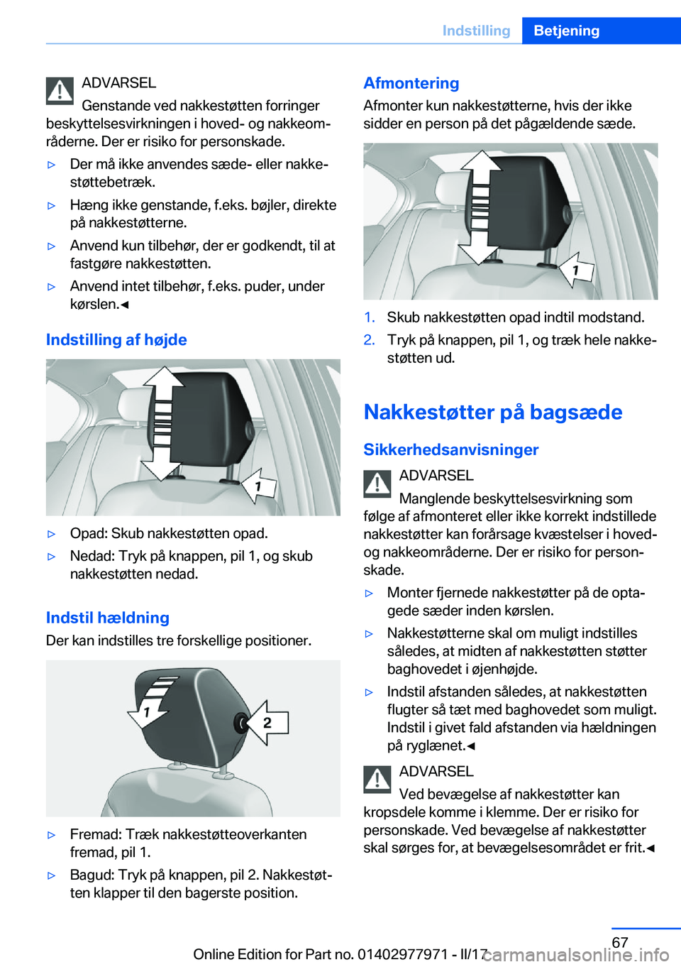 BMW 3 SERIES 2017  InstruktionsbØger (in Danish) �A�D�V�A�R�S�E�L
�G�e�n�s�t�a�n�d�e� �v�e�d� �n�a�k�k�e�s�t�