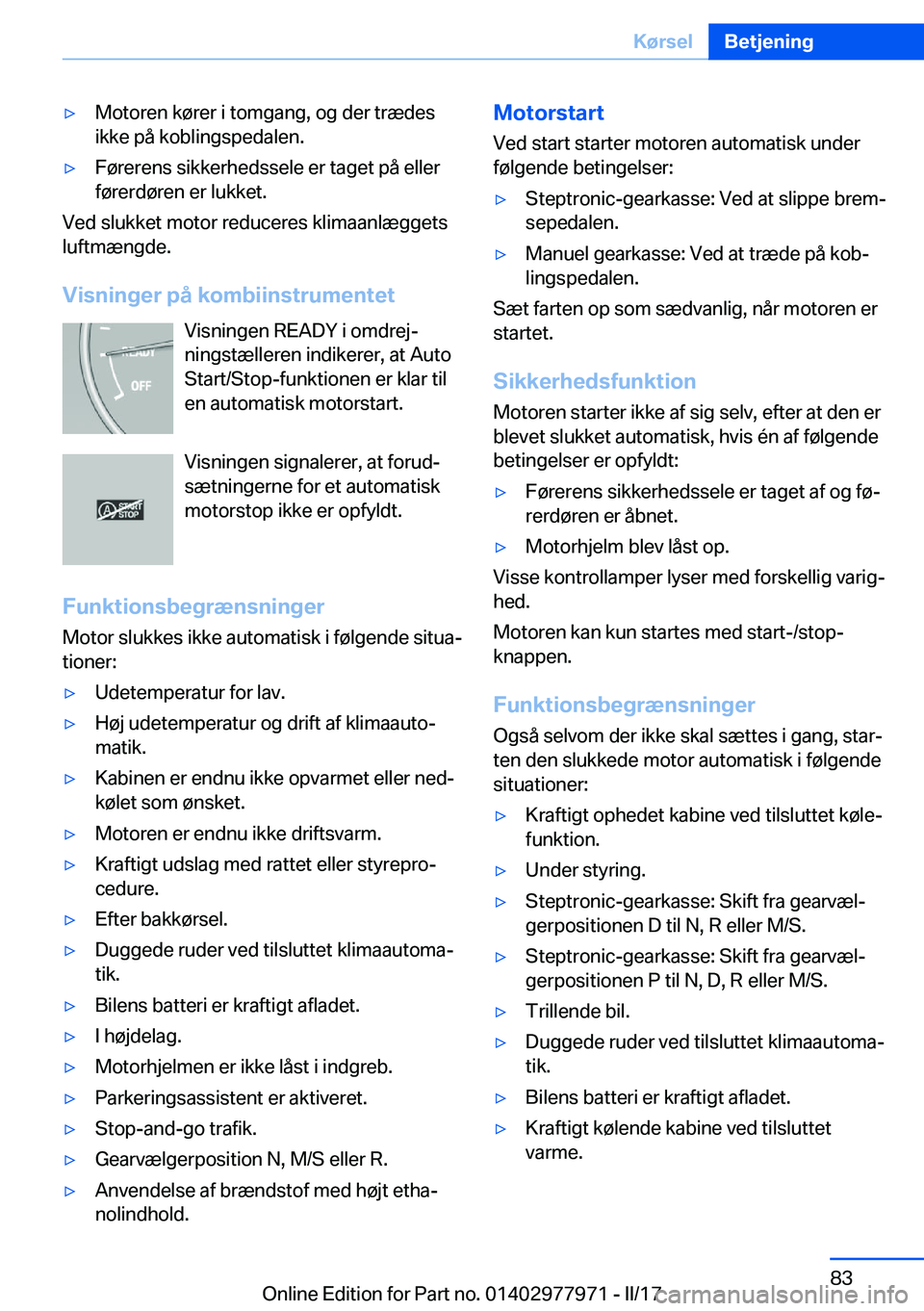 BMW 3 SERIES 2017  InstruktionsbØger (in Danish) 'y�M�o�t�o�r�e�n� �k�