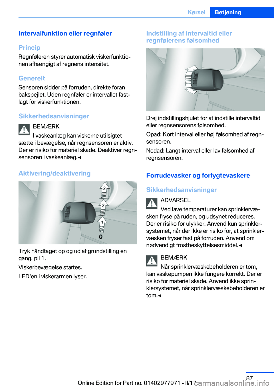 BMW 3 SERIES 2017  InstruktionsbØger (in Danish) �I�n�t�e�r�v�a�l�f�u�n�k�t�i�o�n��e�l�l�e�r��r�e�g�n�f�