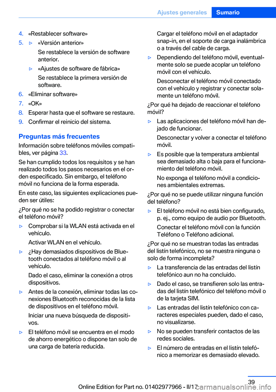 BMW 3 SERIES 2017  Manuales de Empleo (in Spanish) �4�.�«�R�e�s�t�a�b�l�e�c�e�r� �s�o�f�t�w�a�r�e�{�5�.y�«�V�e�r�s�i�