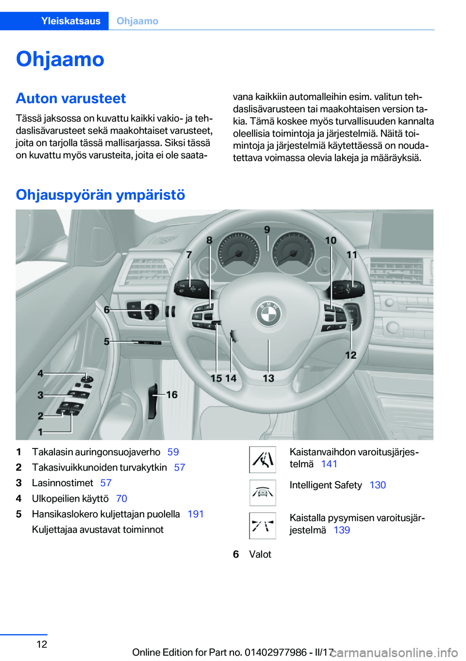 BMW 3 SERIES 2017  Omistajan Käsikirja (in Finnish) �O�h�j�a�a�m�o�A�u�t�o�n��v�a�r�u�s�t�e�e�t�T�